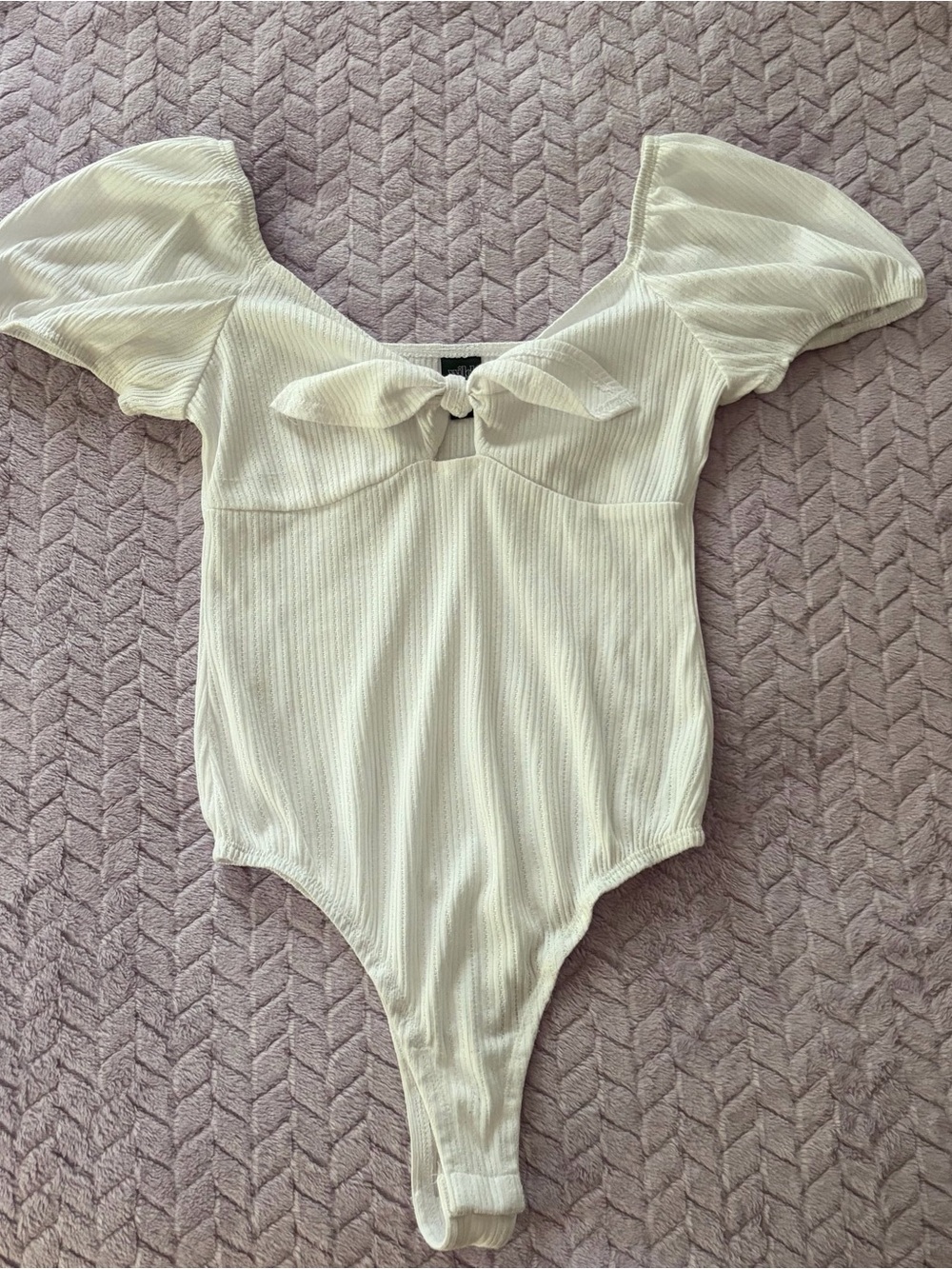 Wild Fable Cream Ribbed Tie-Front Puff Sleeve One-Piece